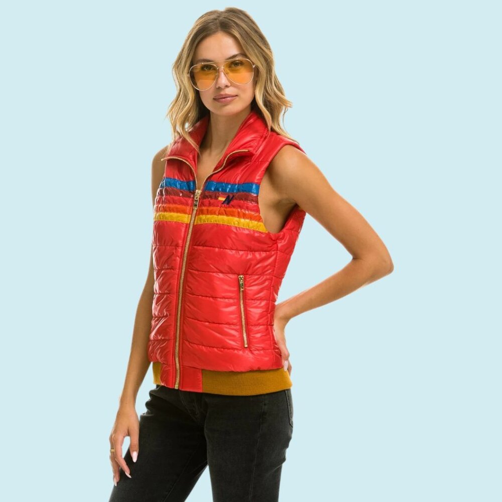 Aviator Nation 5-Stripe Vest Women's Large Glossy Red Full Zip Sunburst $398